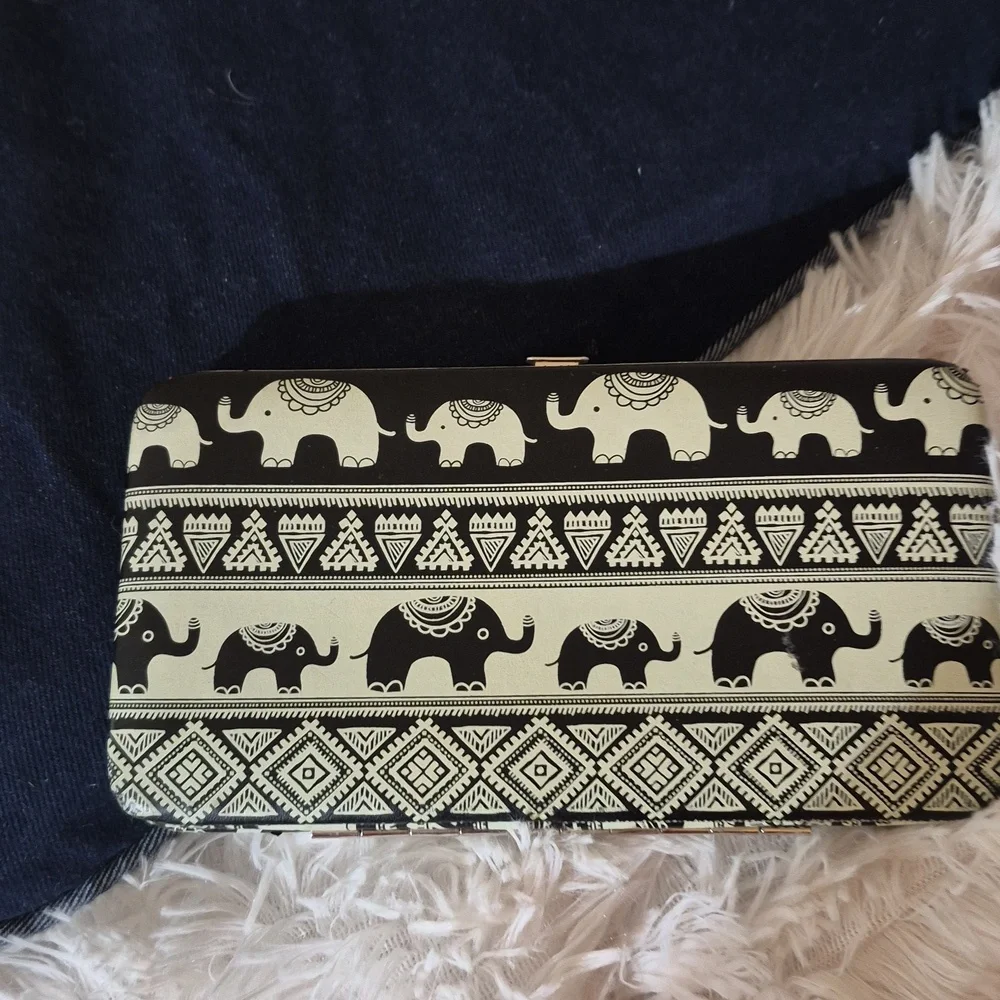 Boho Black N White Elephant Push Snap Open Wallet Clutch